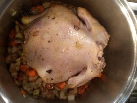 Browning whole chicken before adding water and broth