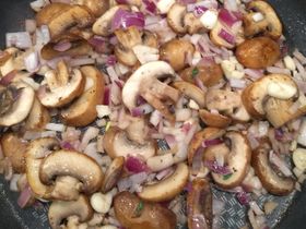 Add the mushrooms first, then shallot and garlic (I did not have any shallots, so I substituted red onion).