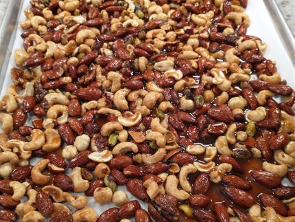 Mixed nuts about to go into the oven.